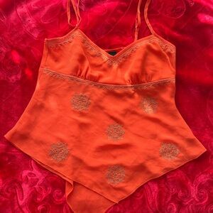 New York & Company Orange Embroidered Handkerchief Hem Camisole